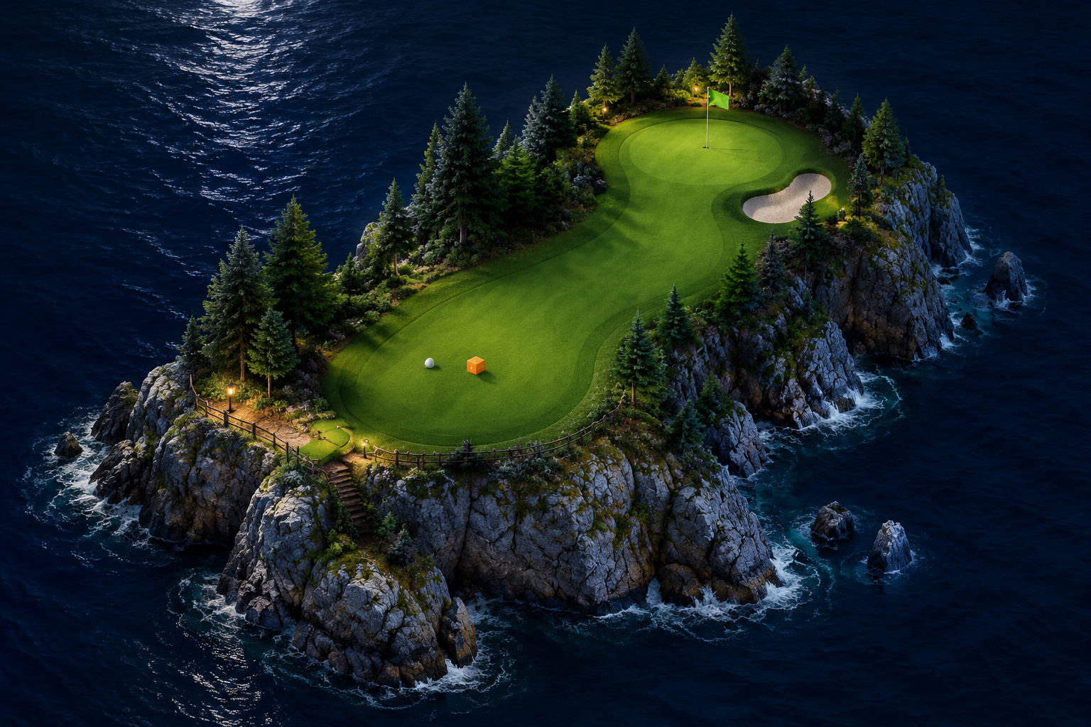 Illustrated night island green for the daily nine-hole course